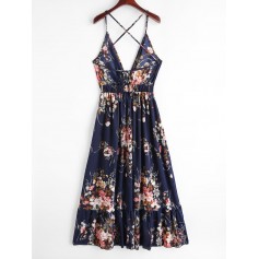 Floral Criss Cross Cami Asymmetrical Dress - Midnight Blue Xl