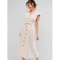 V Neck Button Up Knotted Maxi Dress - Blanched Almond M