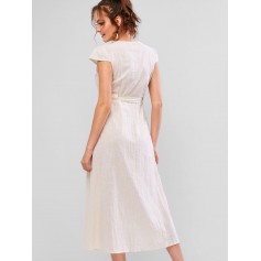 V Neck Button Up Knotted Maxi Dress - Blanched Almond M