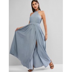  Keyhole Back High Slit Maxi Prom Party Dress - Slate Blue S