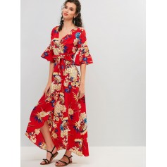 Bell Sleeves Floral Print Belted Maxi Dress - Chestnut Red M
