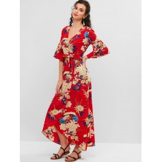 Bell Sleeves Floral Print Belted Maxi Dress - Chestnut Red M