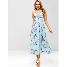 Floral Slit Twist Maxi Dress - Light Blue M