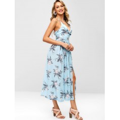 Floral Slit Twist Maxi Dress - Light Blue M