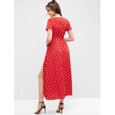 Polka Dot Belted Overlap Maxi Dress - Chestnut Red M