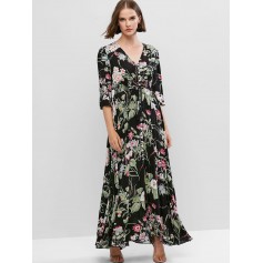  Slit Vacation Buttons Floral Maxi Dress - Multi S