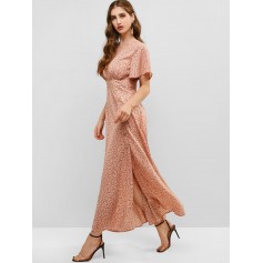 Floral Buttoned Slit Maxi Dress - Pink S