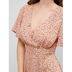 Floral Buttoned Slit Maxi Dress - Pink S