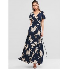  Spilt Sleeve Floral Print Maxi Wrap Dress - Deep Blue S