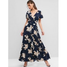  Spilt Sleeve Floral Print Maxi Wrap Dress - Deep Blue S