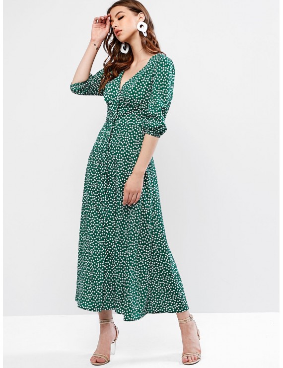  Buttoned Tiny Floral Maxi Flare Dress - Sea Green S