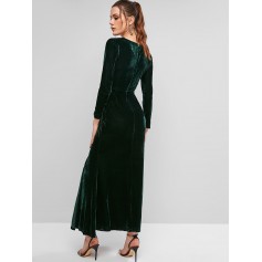 Long Sleeve Velvet Draped Slit Maxi Dress - Dark Green M