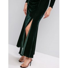 Long Sleeve Velvet Draped Slit Maxi Dress - Dark Green M