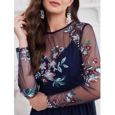  Long Sleeve Embroidered Sequined Sheer Mesh Panel Dress - Midnight Blue S