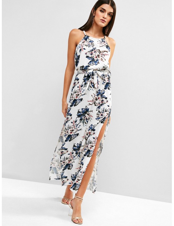 Belted Floral Slit Maxi Dress - Multi Xl