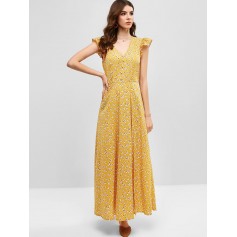  Floral Print Plunge Neck Slit Maxi Dress - Bee Yellow S