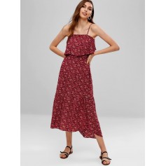 Floral Overlay High Low Cami Dress - Red M