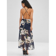 Backless Slit Floral Maxi Dress - Midnight Blue S