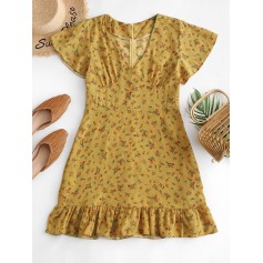 Flounced Hem Ditsy Floral Mini Dress - Yellow L