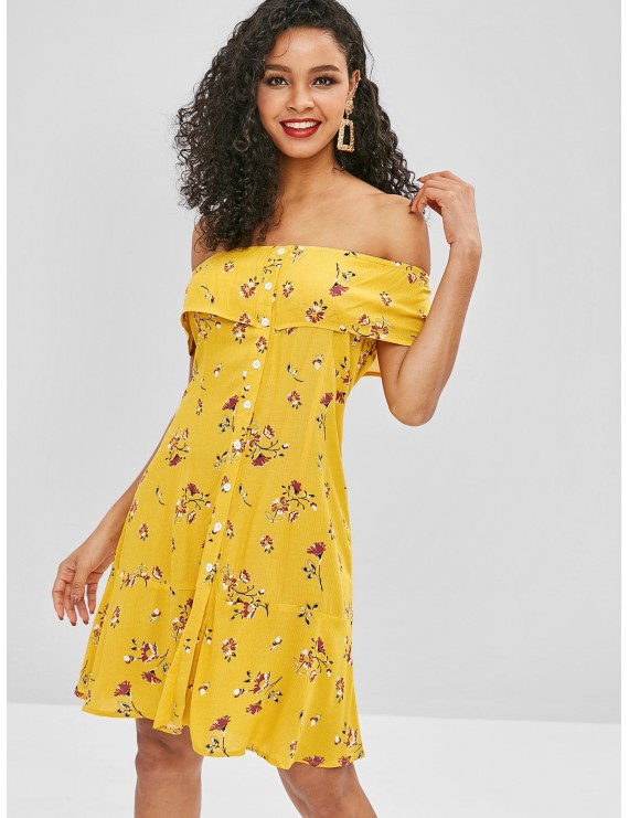  Floral Button Up Off Shoulder Dress - Yellow L