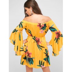  Floral Flare Sleeve Off The Shoulder Dress - Goldenrod L