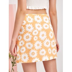  Flower Print Slit Mini A Line Skirt - Goldenrod S