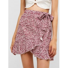 Floral Ruffles Knotted Mini Skirt - Red L