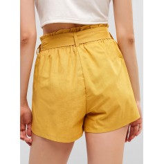 Solid Belted Paperbag Shorts - Yellow L