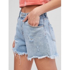 Pocket Frayed Hem Ripped Denim Shorts - Jeans Blue S