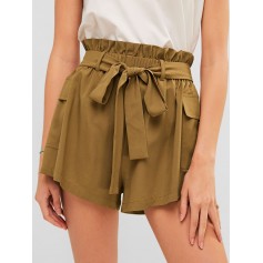  Frilled Pocket Paperbag Waist Shorts - Camel Brown L