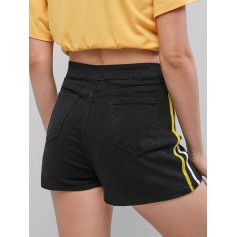 Zipper Fly Striped Side Back Pocket Shorts - Black M