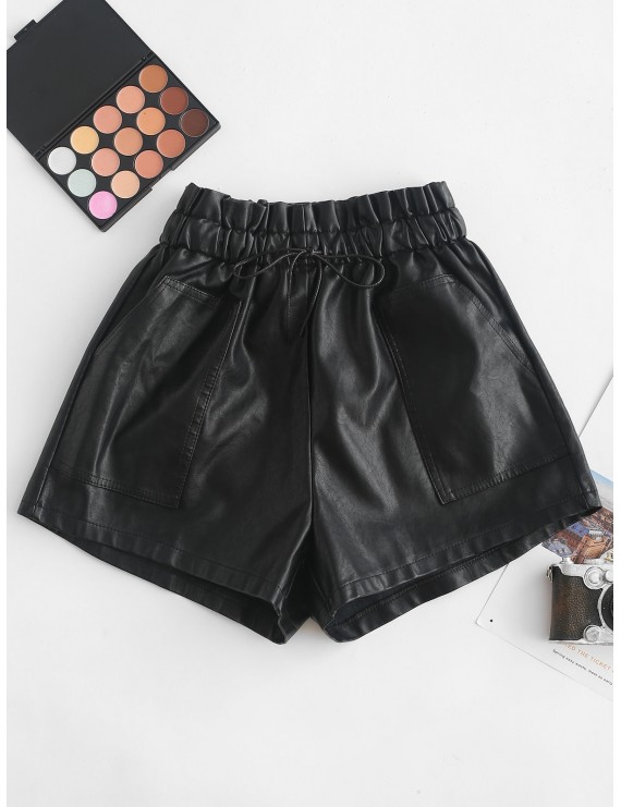 Pockets Drawstring PU Leather Shorts - Black S