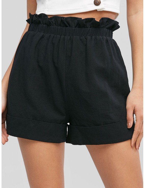  Frilled High Waisted Cuffed Shorts - Black M