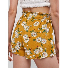 Floral Print Casual Paperbag Shorts - Goldenrod S