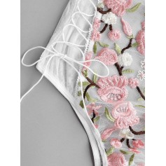 Flower Embroidered Lace Up Mesh Teddy - Multi-a M