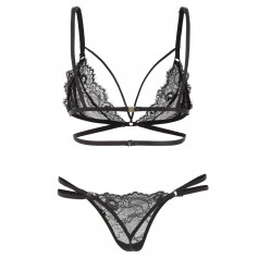 Lace Strappy Low Waisted Lingerie Set - Black S