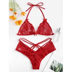 Strappy Halter Lace Lingerie Set - Lava Red