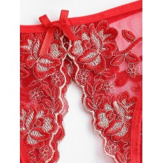 Floral Embroidered Tie Side Crotchless Panty - Red