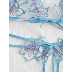 Halter Floral Crotchless Lingerie Set - Blue