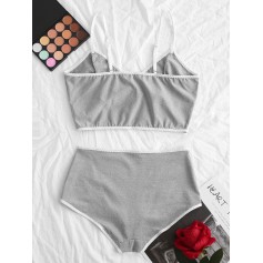 Bralette Contrast Piping Heather Lingerie Set - Gray M