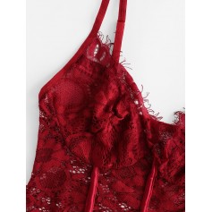 Piping Floral Lace Teddy - Red Wine S