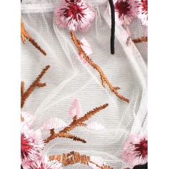 Flower Embroidered Lace Up Lettuce Trim Lingerie Set - White M