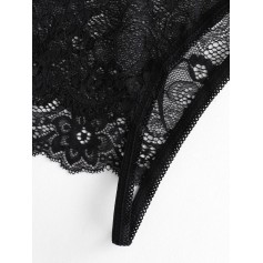 Crotchless Flower Lace Bowknot Lingerie Briefs - Black M