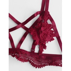 Floral Crochet Lace Strappy Lingerie Set - Lava Red L