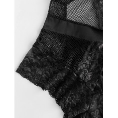 Sheer Lace Trim Belted Backless Teddy - Black S