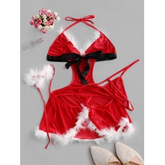 Christmas Cut Out Cosplay Lingerie Babydoll Set - Red S
