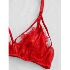 Lace Insert Garter Bralette Lingerie Set - Red S