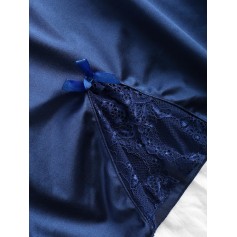 Lace Insert Bowknot Satin Slit Night Dress - Deep Blue L