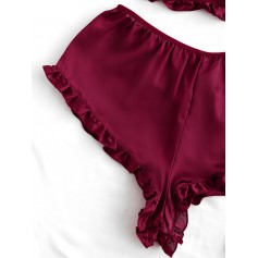Ruffle Trim Solid Pajama Set - Red Wine M