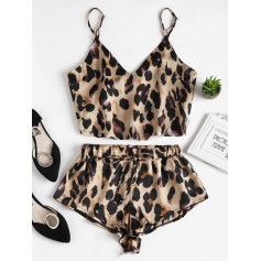 Leopard Satin Cami Top Shorts Pajama Set - Leopard S